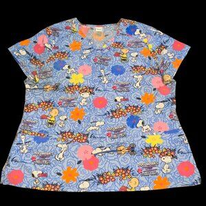 Women's Peanuts Snoopy Charlie Brown Scrub Top Blue Floral Spring Plus Size 2XL